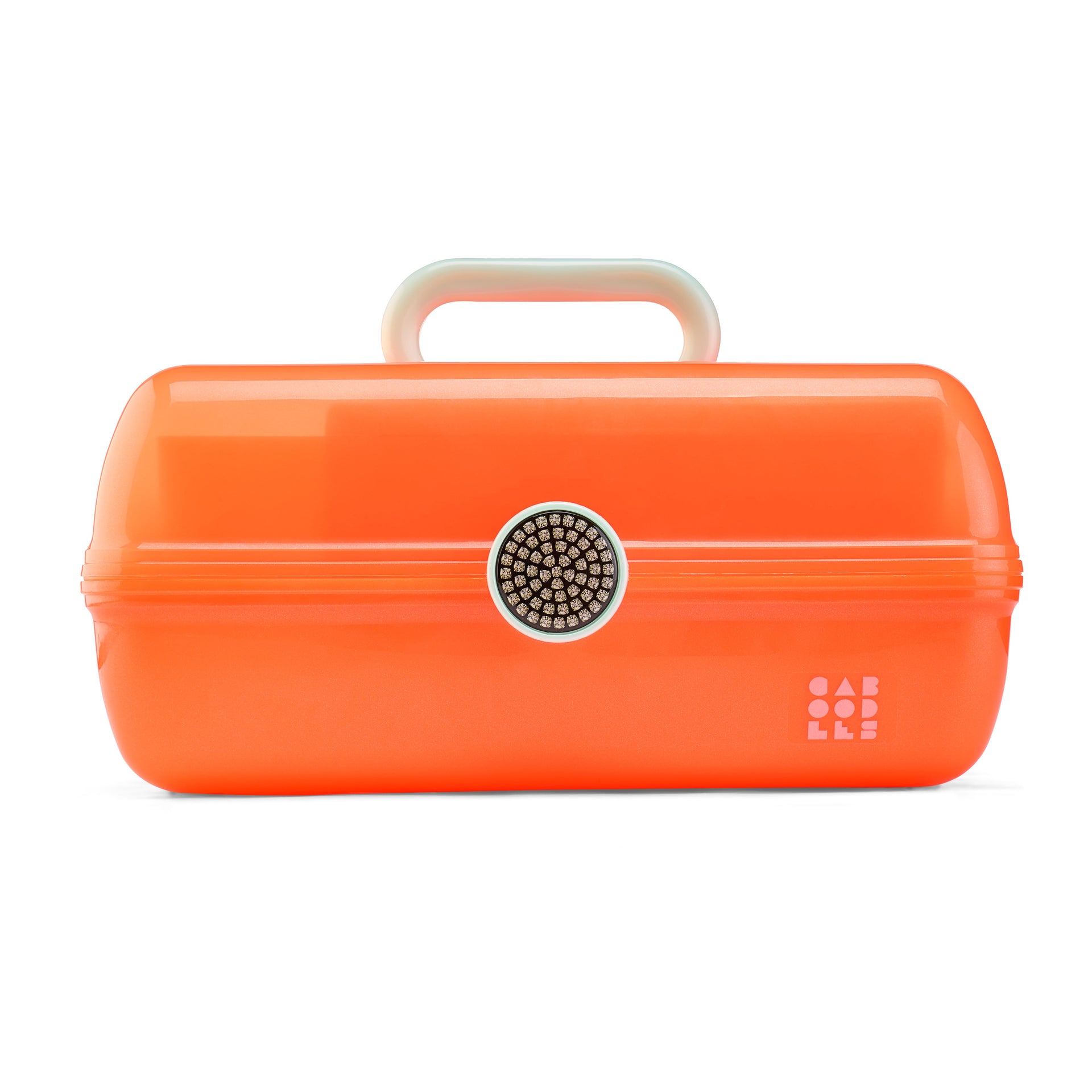 Orange makeup case with a handle on a white background