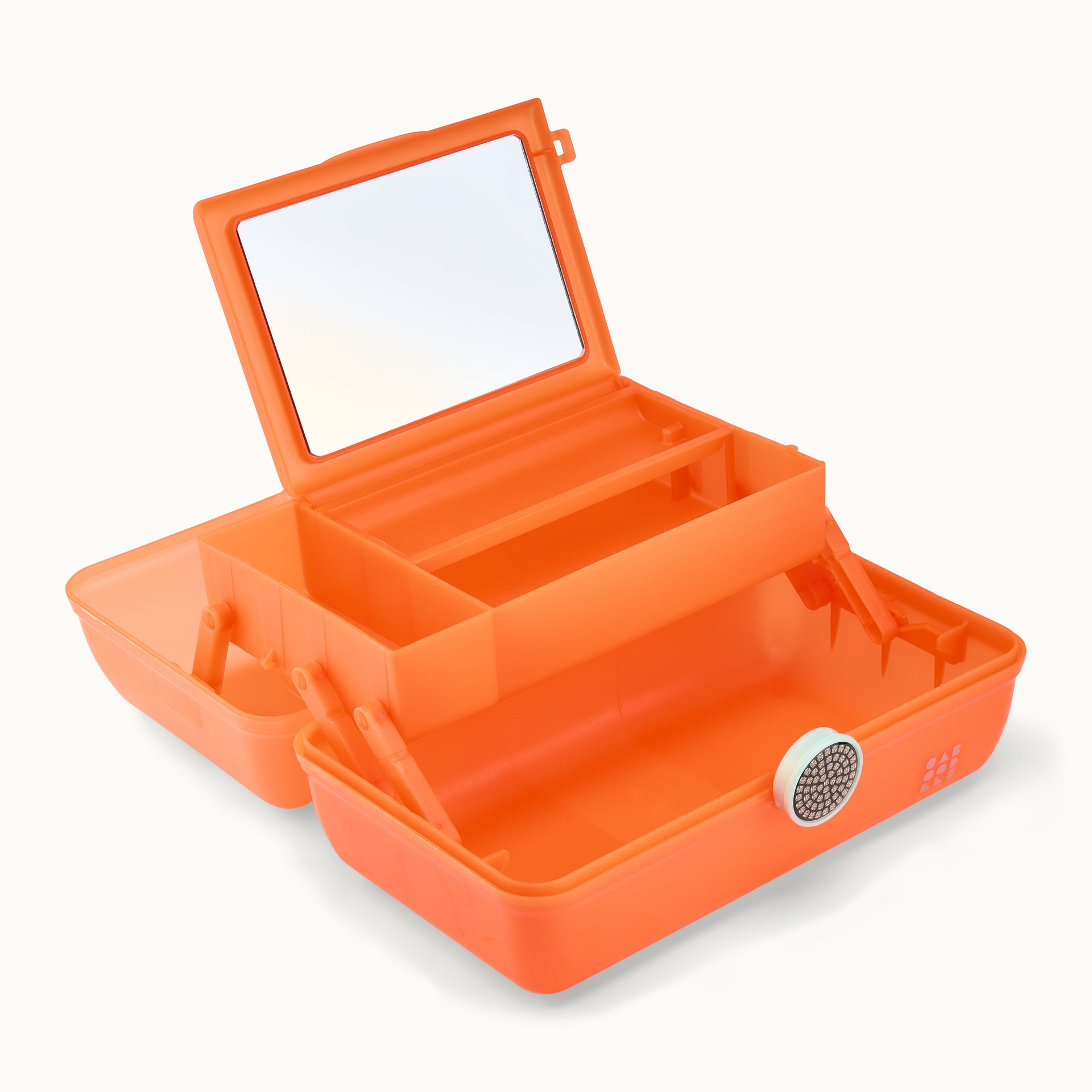 Orange tool box with a mirror on a white background