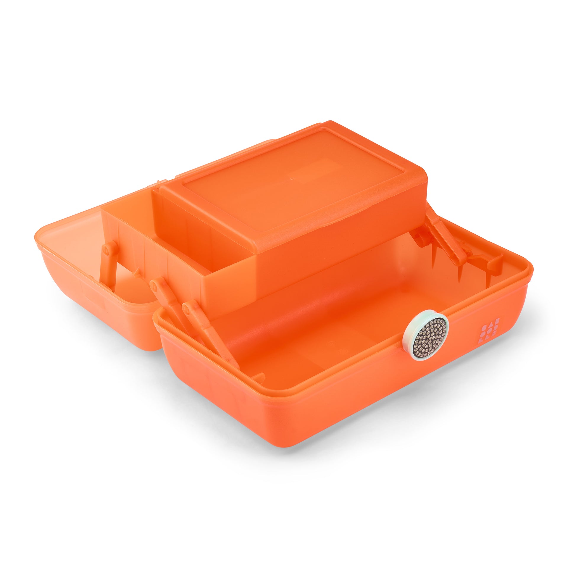 Orange plastic toolbox with a white background