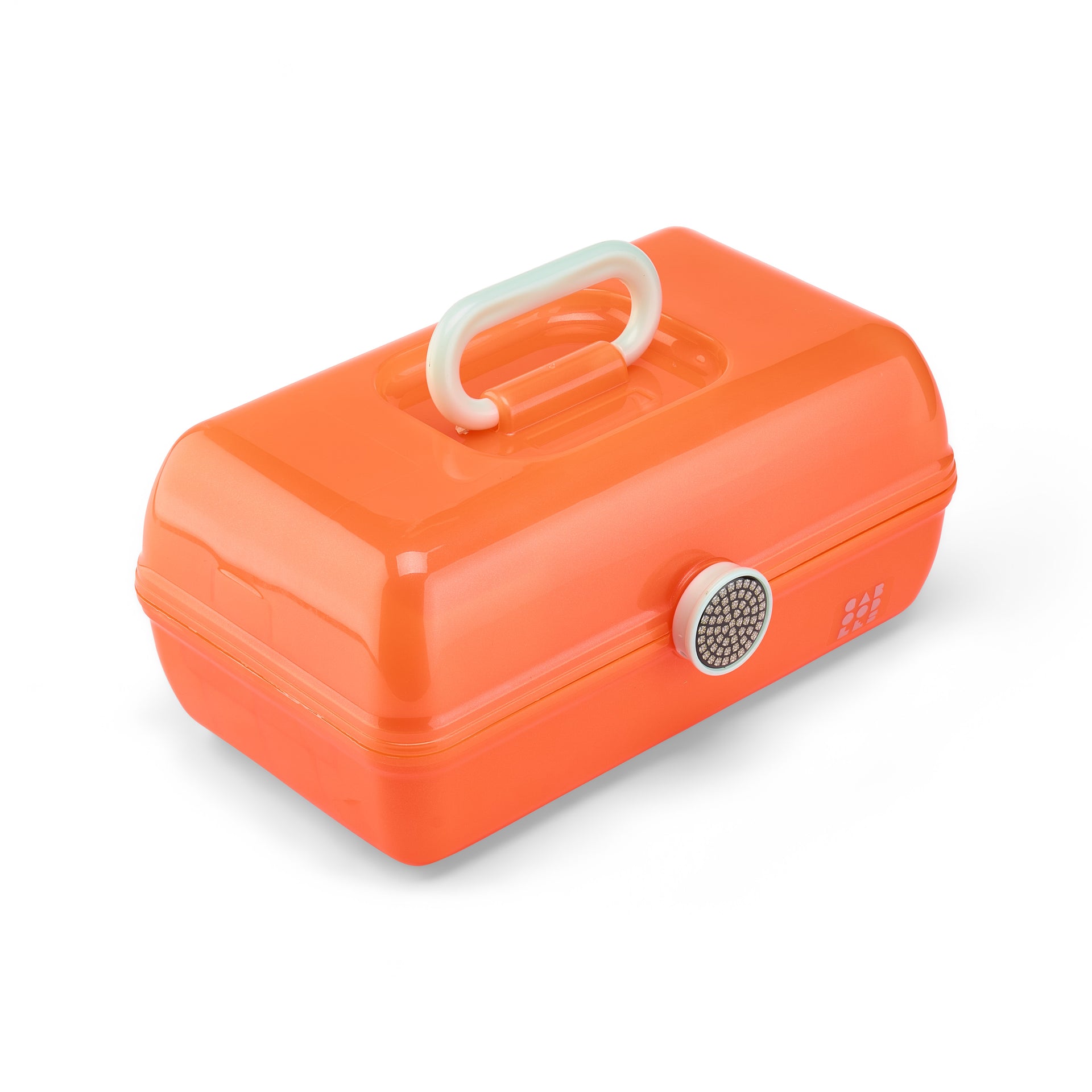 Orange makeup case with a white handle on a white background