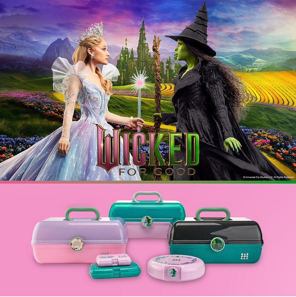 Product packaging with 'Wicked' themed design featuring two characters and colorful cases on a pink background.