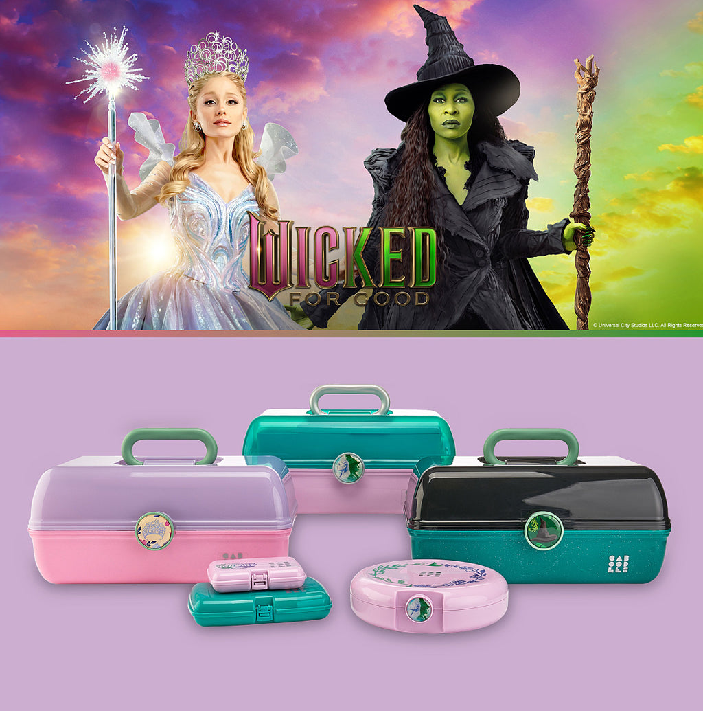 Toy sets inspired by 'Wicked' with characters and colorful cases on a gradient background.