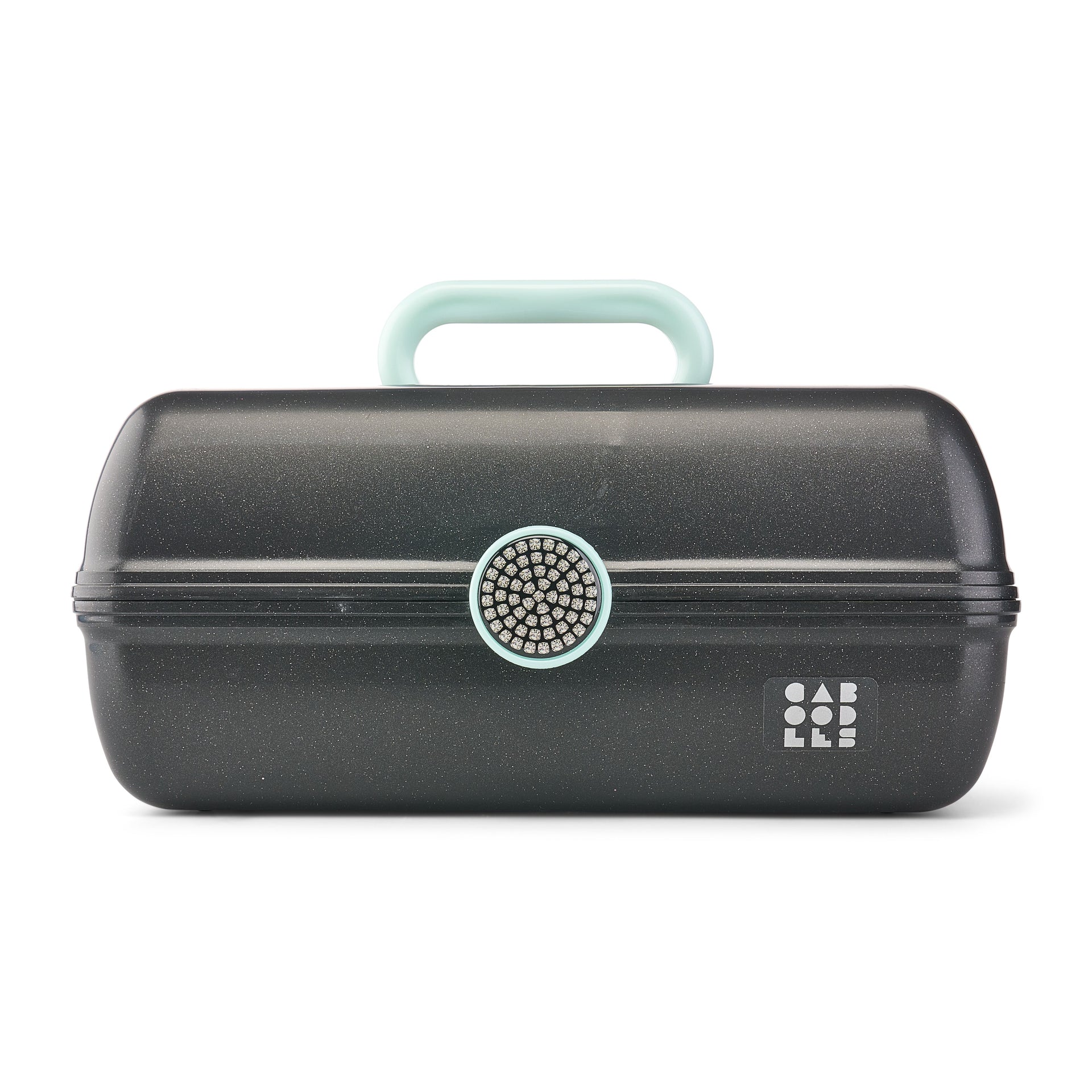 Black cosmetic case with a handle on a white background