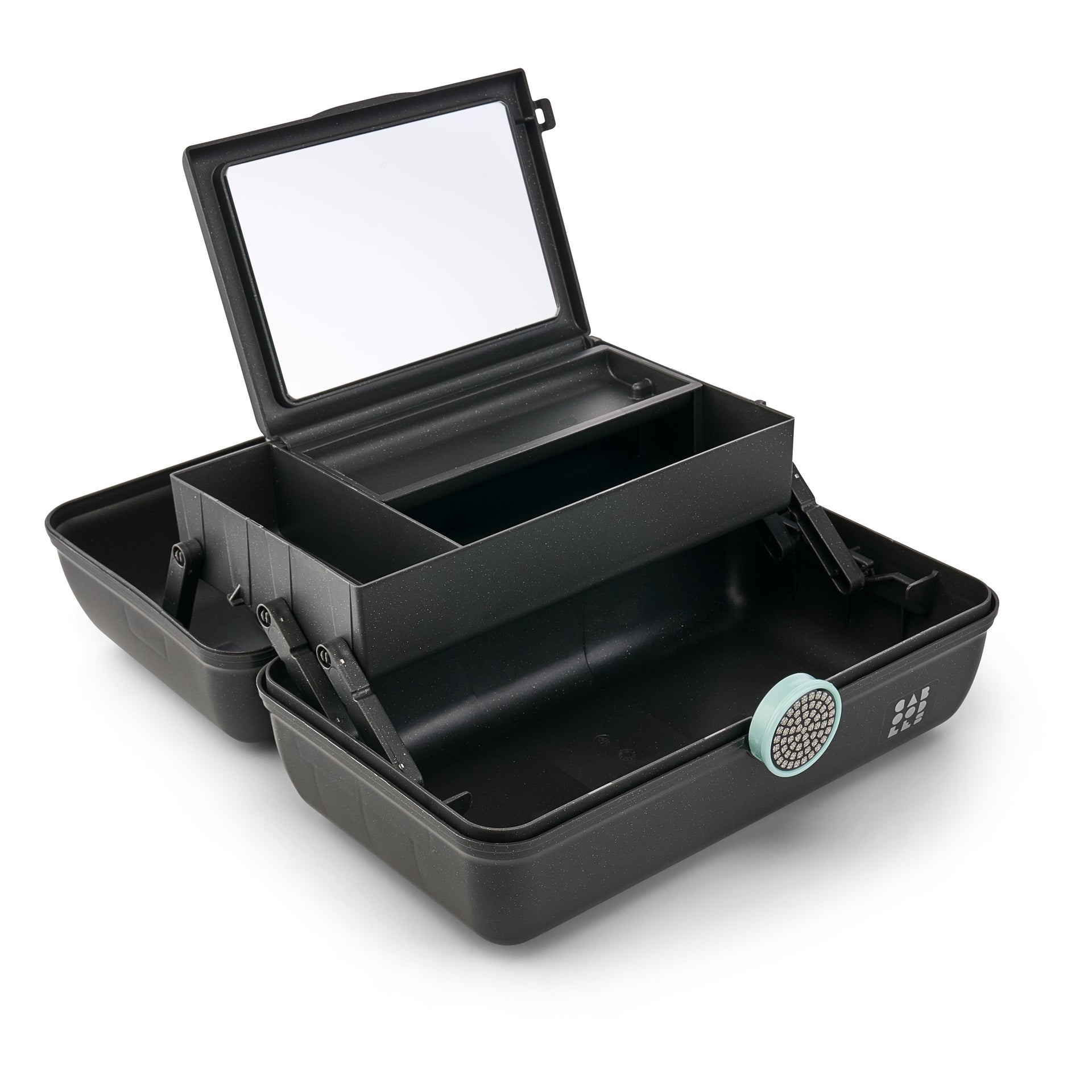 Black makeup case with a mirror on a white background